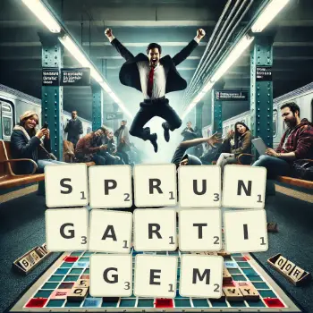 Kreative Illustration für ein Scrabble-Spiel, bei dem das Wort SPRUNGARTIGEM mit Steinen auf dem Brett gelegt wurde.