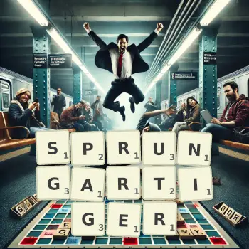 Kreative Illustration für ein Scrabble-Spiel, bei dem das Wort SPRUNGARTIGER mit Steinen auf dem Brett gelegt wurde.
