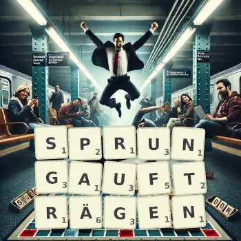Kreative Illustration für ein Scrabble-Spiel, bei dem das Wort SPRUNGAUFTRÄGEN mit Steinen auf dem Brett gelegt wurde.