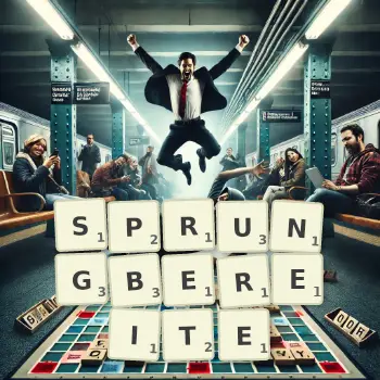 Kreative Illustration für ein Scrabble-Spiel, bei dem das Wort SPRUNGBEREITE mit Steinen auf dem Brett gelegt wurde.