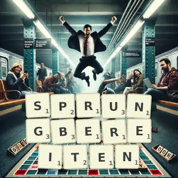 Kreative Illustration für ein Scrabble-Spiel, bei dem das Wort SPRUNGBEREITEN mit Steinen auf dem Brett gelegt wurde.