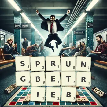 Kreative Illustration für ein Scrabble-Spiel, bei dem das Wort SPRUNGBETRIEB mit Steinen auf dem Brett gelegt wurde.