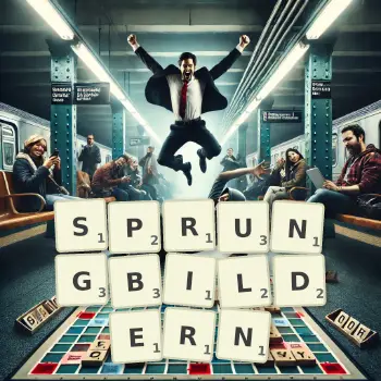 Kreative Illustration für ein Scrabble-Spiel, bei dem das Wort SPRUNGBILDERN mit Steinen auf dem Brett gelegt wurde.