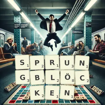 Kreative Illustration für ein Scrabble-Spiel, bei dem das Wort SPRUNGBLÖCKEN mit Steinen auf dem Brett gelegt wurde.
