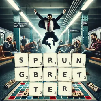 Kreative Illustration für ein Scrabble-Spiel, bei dem das Wort SPRUNGBRETTER mit Steinen auf dem Brett gelegt wurde.