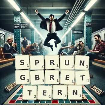 Kreative Illustration für ein Scrabble-Spiel, bei dem das Wort SPRUNGBRETTERN mit Steinen auf dem Brett gelegt wurde.