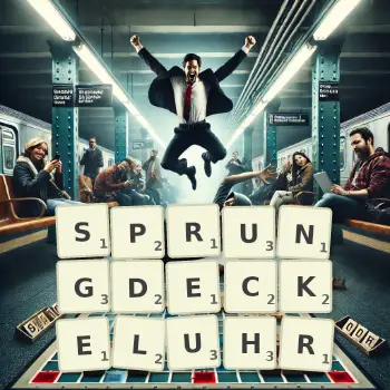 Kreative Illustration für ein Scrabble-Spiel, bei dem das Wort SPRUNGDECKELUHR mit Steinen auf dem Brett gelegt wurde.