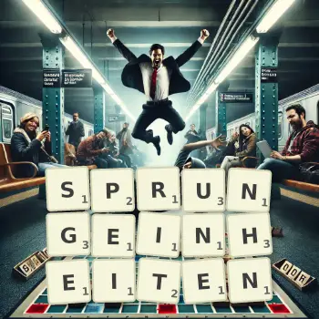 Kreative Illustration für ein Scrabble-Spiel, bei dem das Wort SPRUNGEINHEITEN mit Steinen auf dem Brett gelegt wurde.