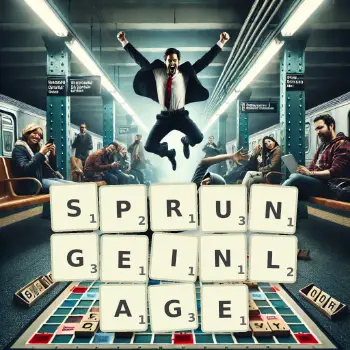 Kreative Illustration für ein Scrabble-Spiel, bei dem das Wort SPRUNGEINLAGE mit Steinen auf dem Brett gelegt wurde.