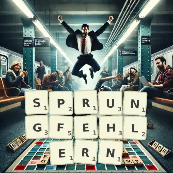 Kreative Illustration für ein Scrabble-Spiel, bei dem das Wort SPRUNGFEHLERN mit Steinen auf dem Brett gelegt wurde.