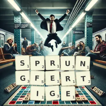 Kreative Illustration für ein Scrabble-Spiel, bei dem das Wort SPRUNGFERTIGE mit Steinen auf dem Brett gelegt wurde.