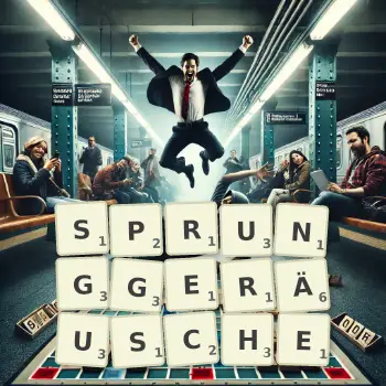 Kreative Illustration für ein Scrabble-Spiel, bei dem das Wort SPRUNGGERÄUSCHE mit Steinen auf dem Brett gelegt wurde.