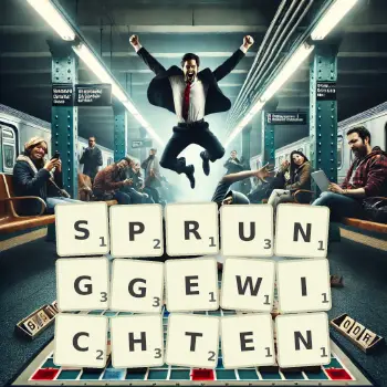 Kreative Illustration für ein Scrabble-Spiel, bei dem das Wort SPRUNGGEWICHTEN mit Steinen auf dem Brett gelegt wurde.