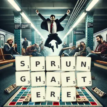 Kreative Illustration für ein Scrabble-Spiel, bei dem das Wort SPRUNGHAFTERE mit Steinen auf dem Brett gelegt wurde.