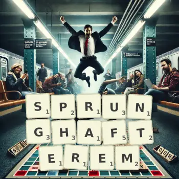 Kreative Illustration für ein Scrabble-Spiel, bei dem das Wort SPRUNGHAFTEREM mit Steinen auf dem Brett gelegt wurde.