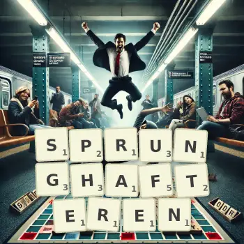 Kreative Illustration für ein Scrabble-Spiel, bei dem das Wort SPRUNGHAFTEREN mit Steinen auf dem Brett gelegt wurde.