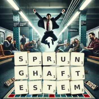 Kreative Illustration für ein Scrabble-Spiel, bei dem das Wort SPRUNGHAFTESTEM mit Steinen auf dem Brett gelegt wurde.