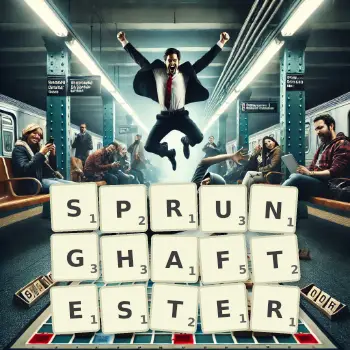 Kreative Illustration für ein Scrabble-Spiel, bei dem das Wort SPRUNGHAFTESTER mit Steinen auf dem Brett gelegt wurde.