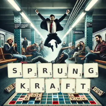 Kreative Illustration für ein Scrabble-Spiel, bei dem das Wort SPRUNGKRAFT mit Steinen auf dem Brett gelegt wurde.