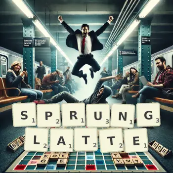 Kreative Illustration für ein Scrabble-Spiel, bei dem das Wort SPRUNGLATTE mit Steinen auf dem Brett gelegt wurde.