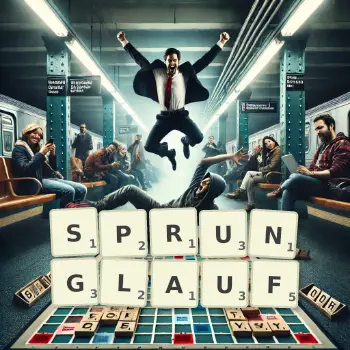 Kreative Illustration für ein Scrabble-Spiel, bei dem das Wort SPRUNGLAUF mit Steinen auf dem Brett gelegt wurde.