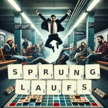 Kreative Illustration für ein Scrabble-Spiel, bei dem das Wort SPRUNGLAUFS mit Steinen auf dem Brett gelegt wurde.