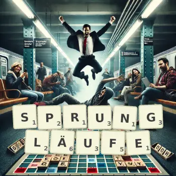 Kreative Illustration für ein Scrabble-Spiel, bei dem das Wort SPRUNGLÄUFE mit Steinen auf dem Brett gelegt wurde.