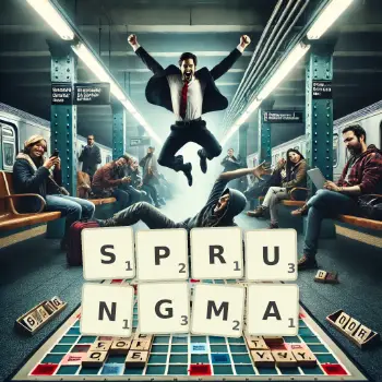 Kreative Illustration für ein Scrabble-Spiel, bei dem das Wort SPRUNGMA mit Steinen auf dem Brett gelegt wurde.