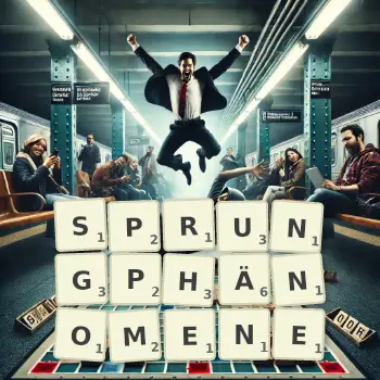 Kreative Illustration für ein Scrabble-Spiel, bei dem das Wort SPRUNGPHÄNOMENE mit Steinen auf dem Brett gelegt wurde.
