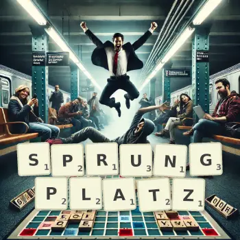 Kreative Illustration für ein Scrabble-Spiel, bei dem das Wort SPRUNGPLATZ mit Steinen auf dem Brett gelegt wurde.