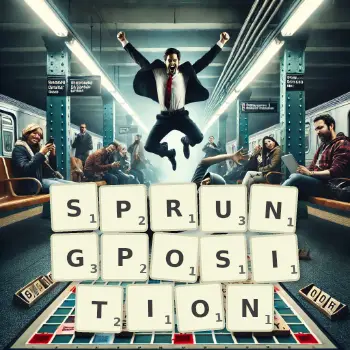 Kreative Illustration für ein Scrabble-Spiel, bei dem das Wort SPRUNGPOSITION mit Steinen auf dem Brett gelegt wurde.