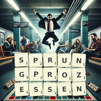 Kreative Illustration für ein Scrabble-Spiel, bei dem das Wort SPRUNGPROZESSEN mit Steinen auf dem Brett gelegt wurde.