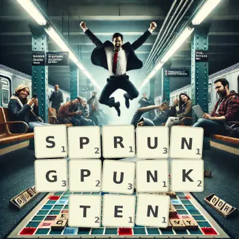 Kreative Illustration für ein Scrabble-Spiel, bei dem das Wort SPRUNGPUNKTEN mit Steinen auf dem Brett gelegt wurde.