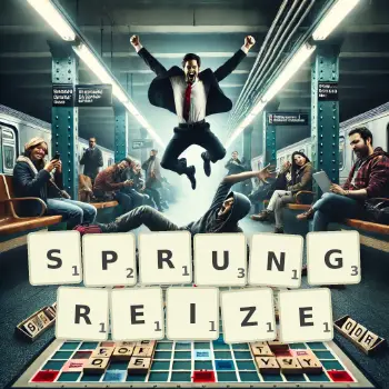 Kreative Illustration für ein Scrabble-Spiel, bei dem das Wort SPRUNGREIZE mit Steinen auf dem Brett gelegt wurde.