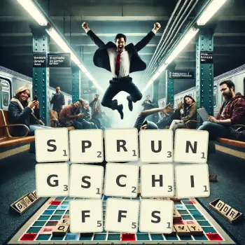 Kreative Illustration für ein Scrabble-Spiel, bei dem das Wort SPRUNGSCHIFFS mit Steinen auf dem Brett gelegt wurde.