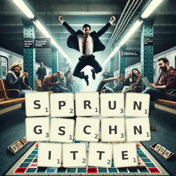 Kreative Illustration für ein Scrabble-Spiel, bei dem das Wort SPRUNGSCHNITTE mit Steinen auf dem Brett gelegt wurde.