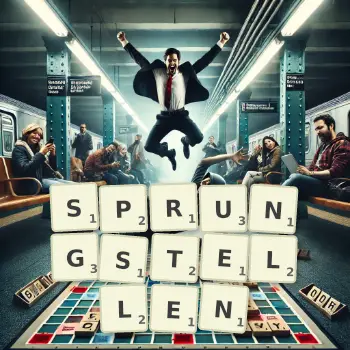 Kreative Illustration für ein Scrabble-Spiel, bei dem das Wort SPRUNGSTELLEN mit Steinen auf dem Brett gelegt wurde.