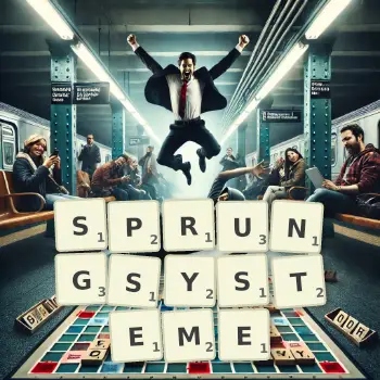 Kreative Illustration für ein Scrabble-Spiel, bei dem das Wort SPRUNGSYSTEME mit Steinen auf dem Brett gelegt wurde.