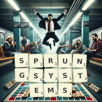 Kreative Illustration für ein Scrabble-Spiel, bei dem das Wort SPRUNGSYSTEMS mit Steinen auf dem Brett gelegt wurde.