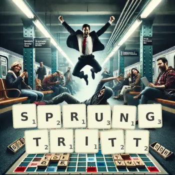 Kreative Illustration für ein Scrabble-Spiel, bei dem das Wort SPRUNGTRITT mit Steinen auf dem Brett gelegt wurde.