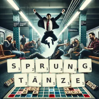 Kreative Illustration für ein Scrabble-Spiel, bei dem das Wort SPRUNGTÄNZE mit Steinen auf dem Brett gelegt wurde.