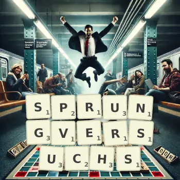 Kreative Illustration für ein Scrabble-Spiel, bei dem das Wort SPRUNGVERSUCHS mit Steinen auf dem Brett gelegt wurde.