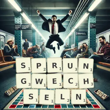 Kreative Illustration für ein Scrabble-Spiel, bei dem das Wort SPRUNGWECHSELN mit Steinen auf dem Brett gelegt wurde.