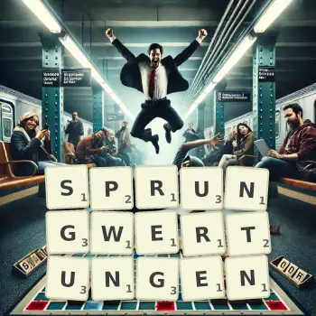 Kreative Illustration für ein Scrabble-Spiel, bei dem das Wort SPRUNGWERTUNGEN mit Steinen auf dem Brett gelegt wurde.