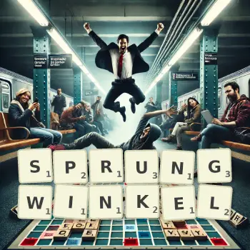 Kreative Illustration für ein Scrabble-Spiel, bei dem das Wort SPRUNGWINKEL mit Steinen auf dem Brett gelegt wurde.