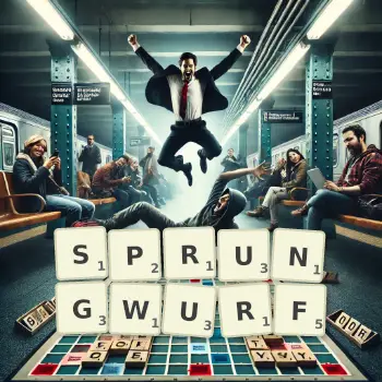 Kreative Illustration für ein Scrabble-Spiel, bei dem das Wort SPRUNGWURF mit Steinen auf dem Brett gelegt wurde.