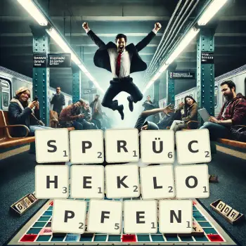 Kreative Illustration für ein Scrabble-Spiel, bei dem das Wort SPRÜCHEKLOPFEN mit Steinen auf dem Brett gelegt wurde.