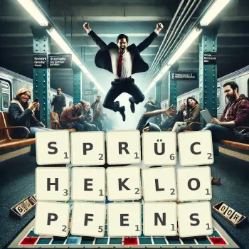 Kreative Illustration für ein Scrabble-Spiel, bei dem das Wort SPRÜCHEKLOPFENS mit Steinen auf dem Brett gelegt wurde.