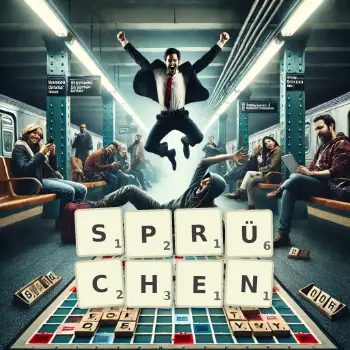 Kreative Illustration für ein Scrabble-Spiel, bei dem das Wort SPRÜCHEN mit Steinen auf dem Brett gelegt wurde.