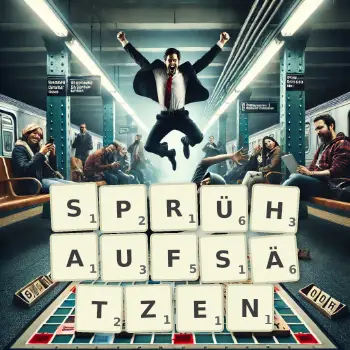 Kreative Illustration für ein Scrabble-Spiel, bei dem das Wort SPRÜHAUFSÄTZEN mit Steinen auf dem Brett gelegt wurde.